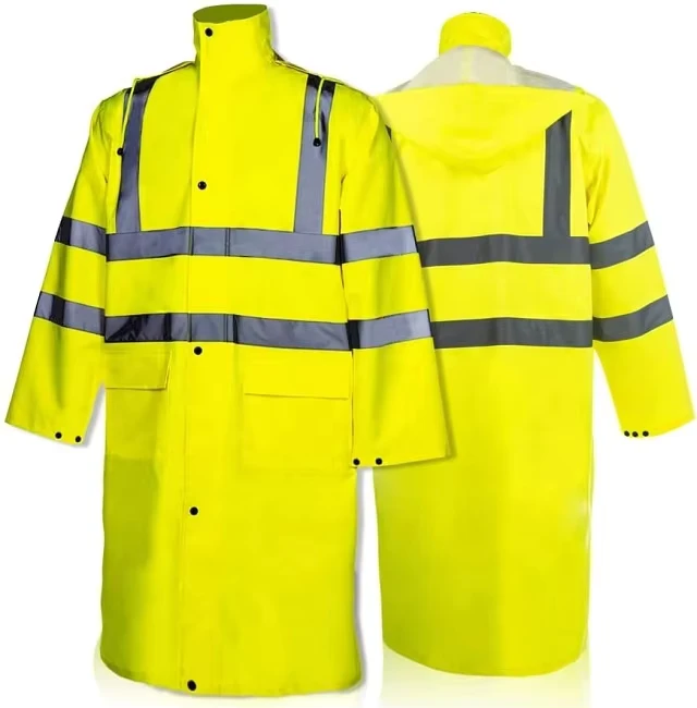 Men's Class 3 Safety Long Rain Gear Jacket Hi Vis Yellow Waterproof Polyester Rainsuit Reflective Tape Customizable Logo Support