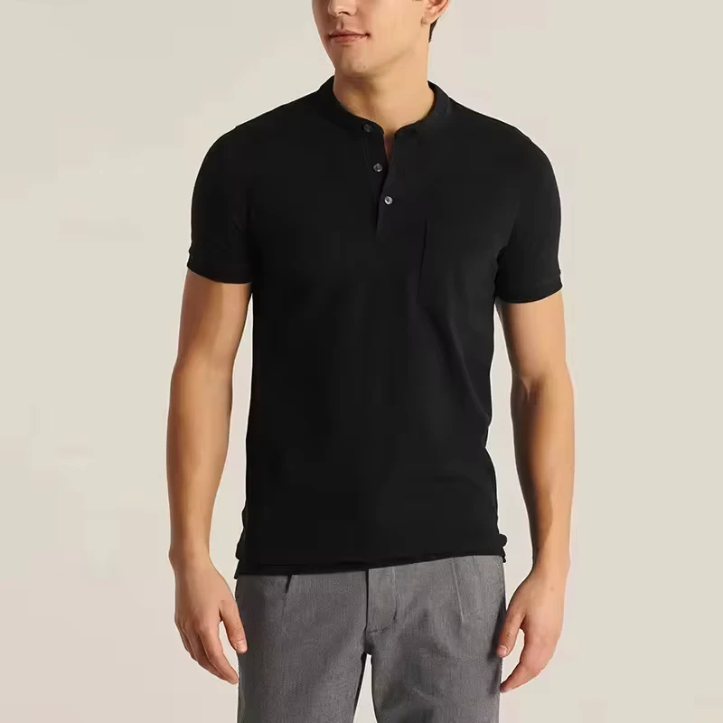 Mens Classic 3 Button Stand Collar Casual Short Sleeve T-Shirts with Pocket Solid Summer Basic Tops