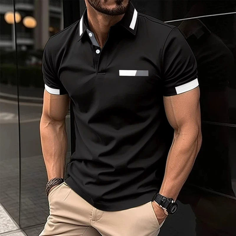 Men's Color Block Short Sleeve Polo Shirt Casual Striped Business Golf T Shirt for Daily Work Wear