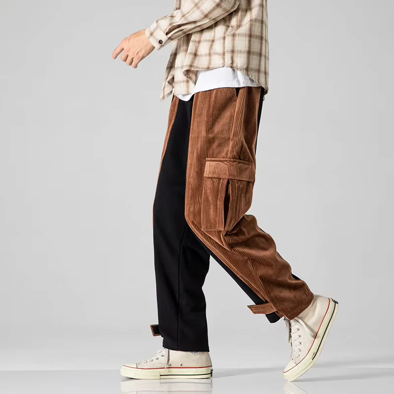 Men's Colorblock Straight Casual Corduroy Cargo Pants with Top Button Fastening