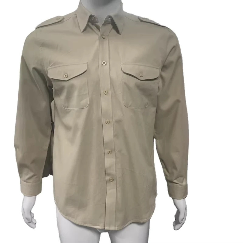 Men's Cotton Khaki Long Sleeve Tactical Pilot Aviator Work Uniform Dress Shirt