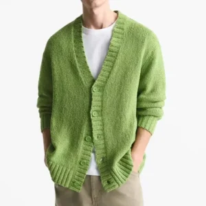 Men’s Custom Logo Cotton-Blend Long-Sleeve V-Neck Cardigan Sweater, Green