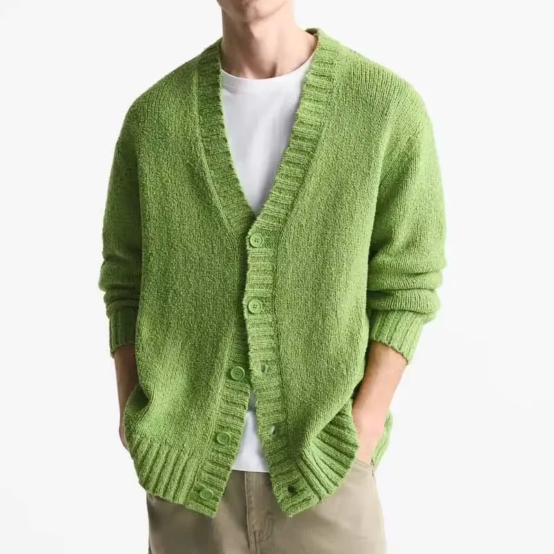 Men's Custom Logo Cotton-Blend Long-Sleeve V-Neck Cardigan Sweater, Green