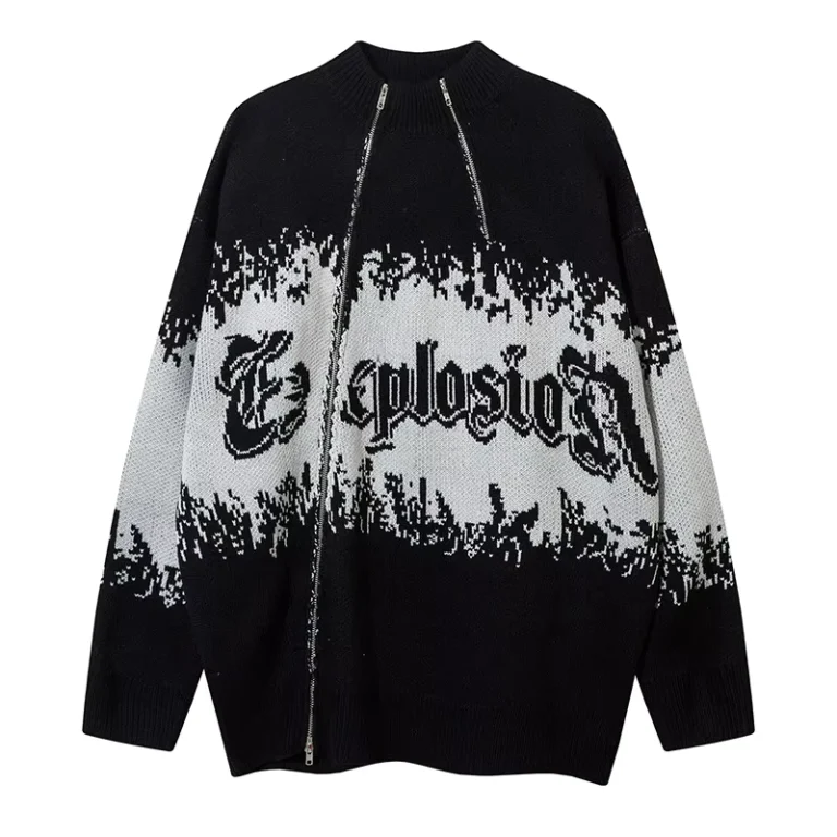 Mens-Custom-Logo-Jacquard-Pattern-Cardigan-Sweater-Fashionable-100-Cotton-Double-Zipper-for-Winter