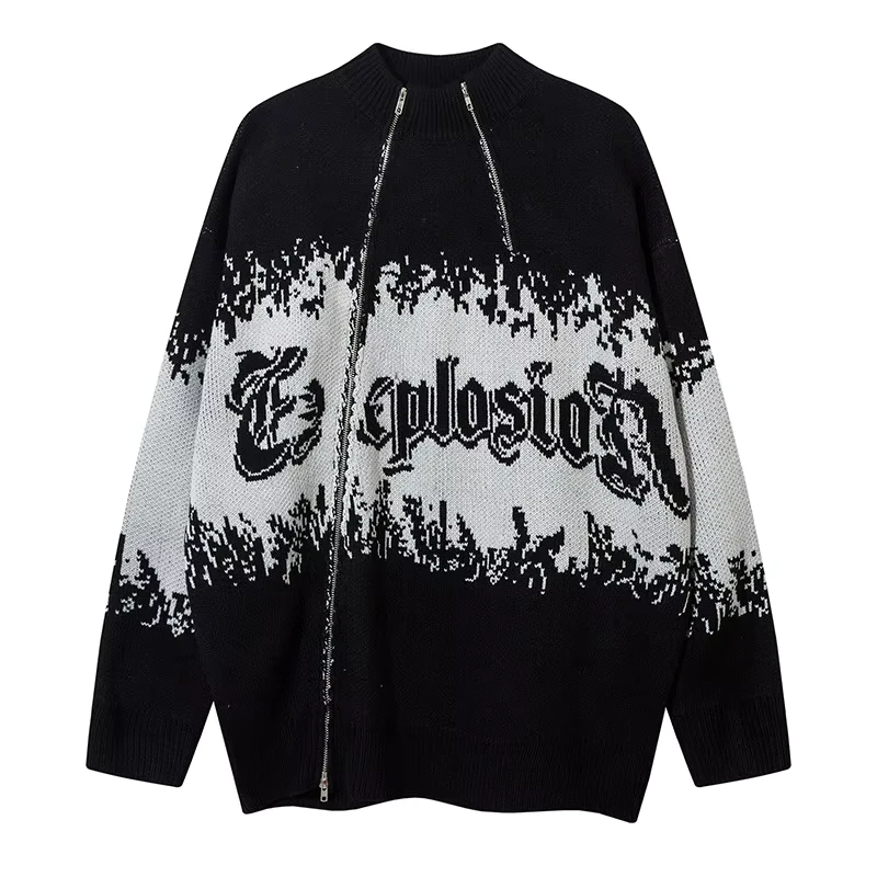 Men's Custom Logo Jacquard Pattern Cardigan Sweater Fashionable 100% Cotton Double Zipper for Winter