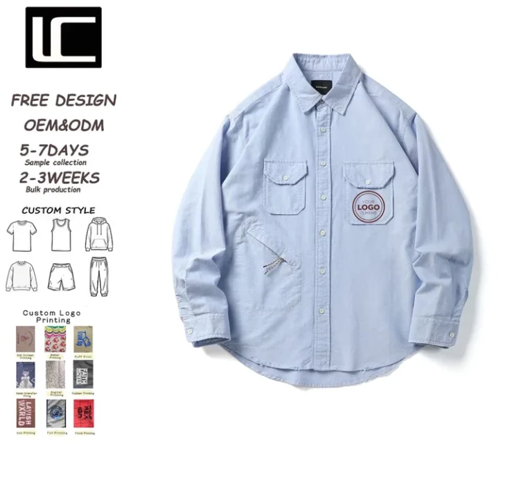 Mens-Custom-Logo-Light-Blue-Oxford-Shirt-OEM-ODM-Loose-Casual-Workwear-Button-Down-Shirt