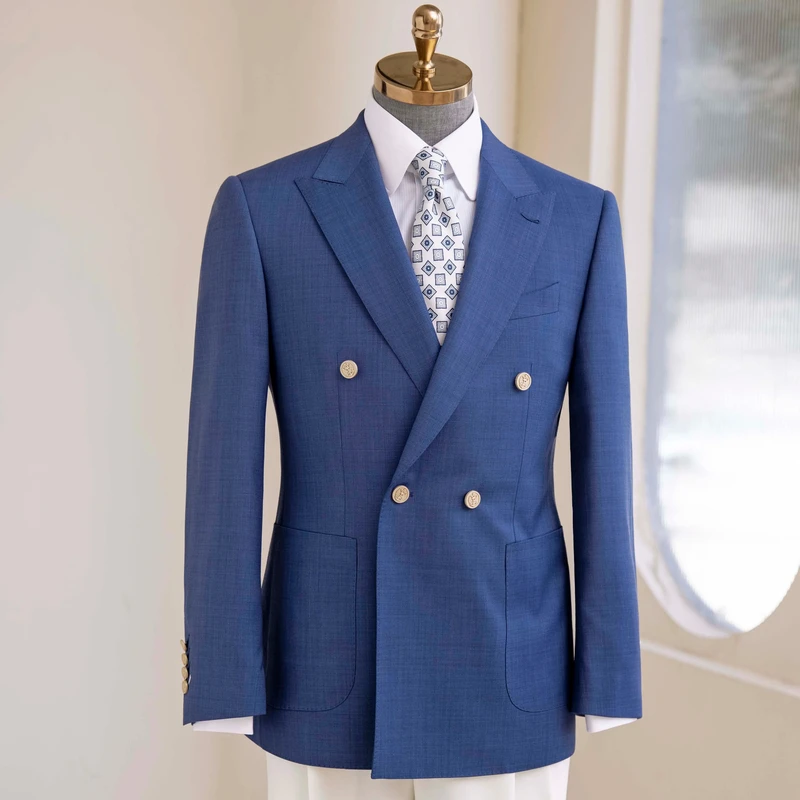 Men's Custom Wedding Suit High Quality Wool Fabric Double Breasted V Neck Collar Plus Size Design Bespoke Blazers