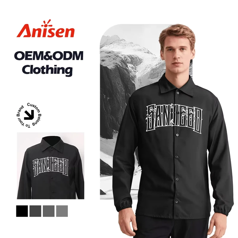 Men's Double Breasted Lightweight Autumn Casual Coaches Jacket Windproof with Front Logo and Button