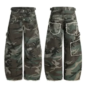 Men’s Double-Waist Spliced Camo Cargo Pants Adjustable Waistband Oversized