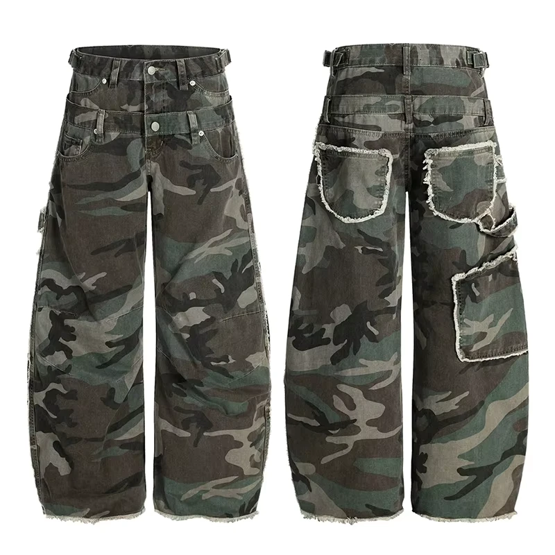 Men's Double-Waist Spliced Camo Cargo Pants Adjustable Waistband Oversized