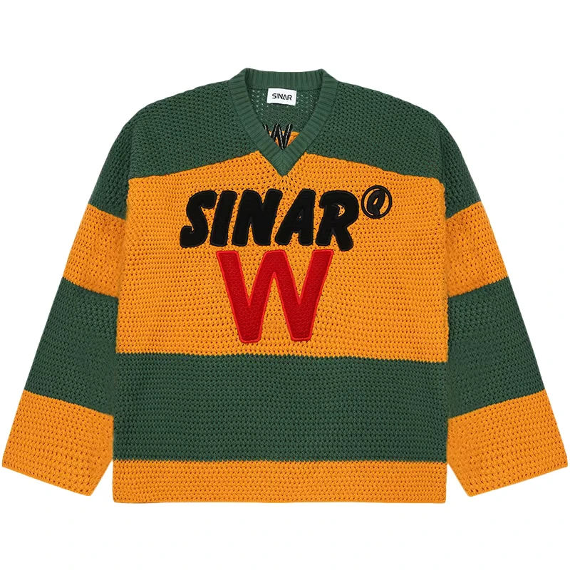 Men's Embroidered Patch Knit Sweater Winter Casual Pullover Crochet Hockey Jersey