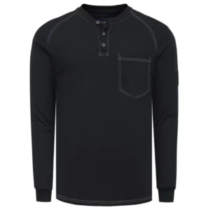 Men’s FR Henley Shirt Flame Resistant Arc Flash Protective 5.5oz Cotton Knit Long Sleeve Workwear NFPA2112 CAT2 Welding Fire