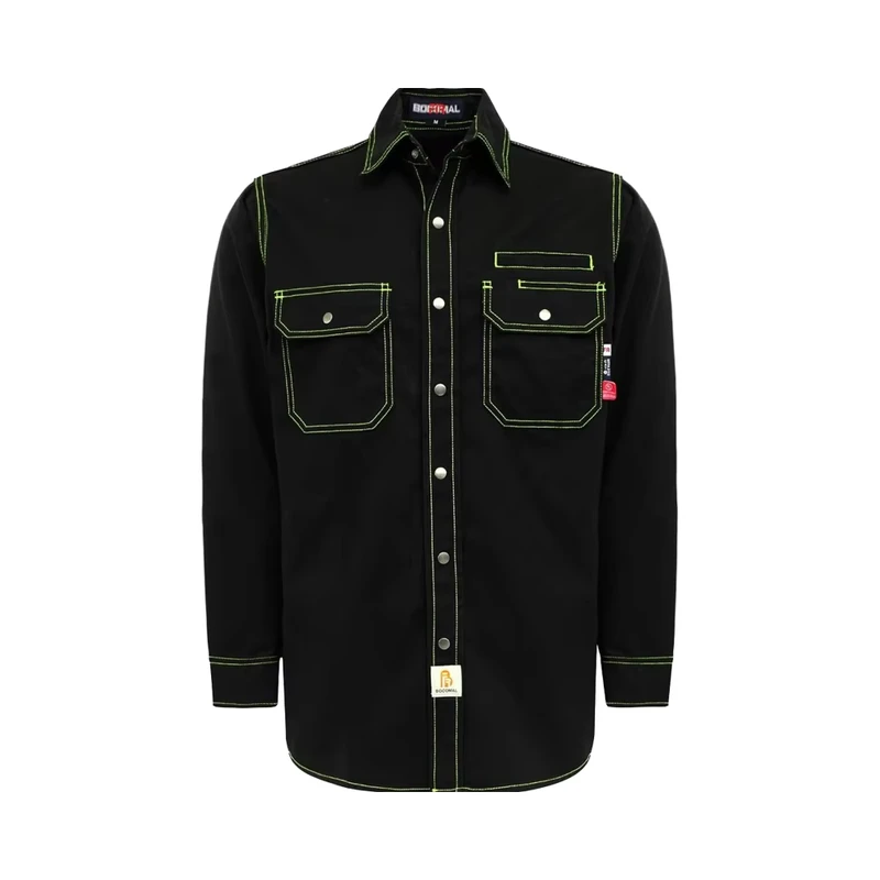 Men's FR Shirts 7.5oz Water Repellent Fire Resistant Welding Jackets NFPA2112 CAT2 Snaps Down Cotton Material