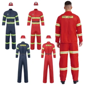 Mens Firefighter Overalls Dress up Costume 4Piece Suit Helmet Long Sleeve Jacket Coat Pants and Belt Reflective Stripes Sets