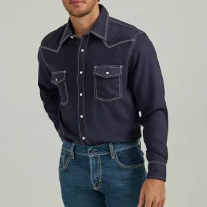 Men’s Flame Retardant Cotton Denim Shirt High Temperature Resistant Long Sleeve Workwear Western FR Shirt
