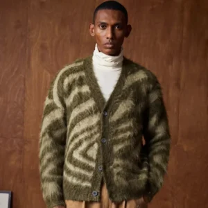 Men’s Fluffy Zebra Stripe Mohair Sweater Loose Fit V Neck Button Cardigan Cargo Green