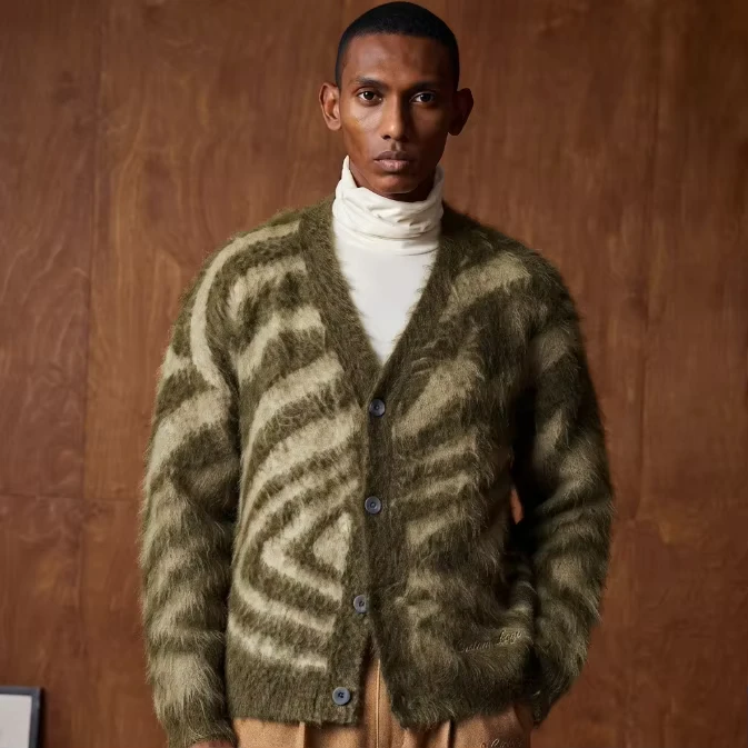 Mens-Fluffy-Zebra-Stripe-Mohair-Sweater-Loose-Fit-V-Neck-Button-Cardigan-Cargo-Green