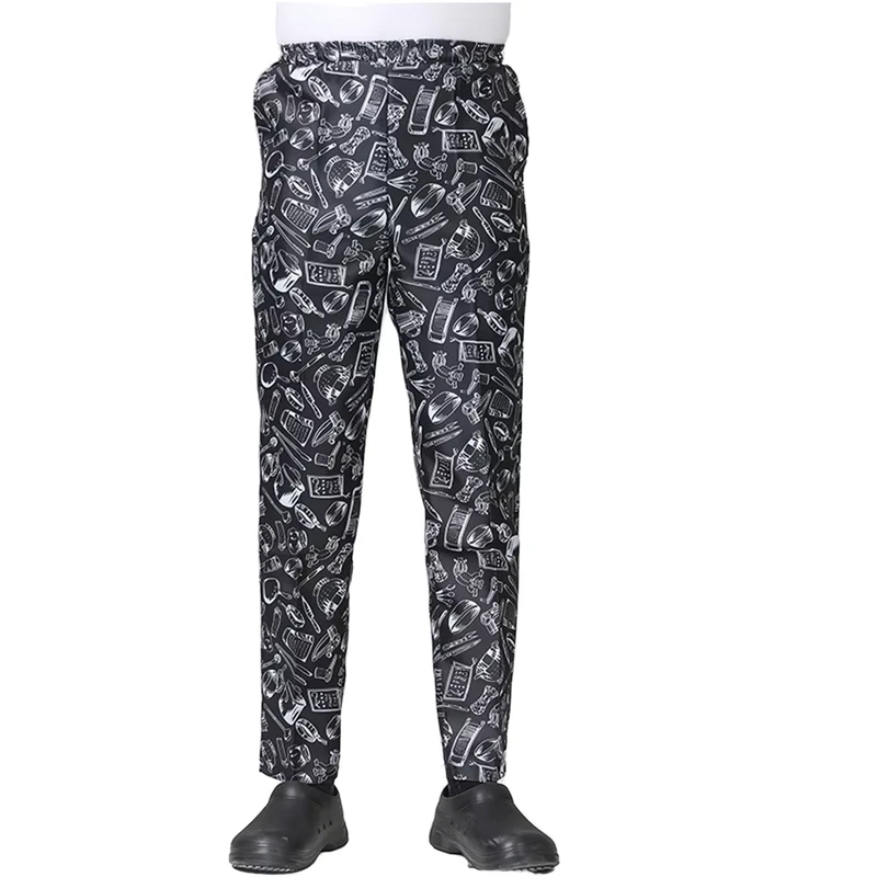 Men's Fully Elastic Black Cotton Blend Chef Trousers Work Uniform Pants for Kitchen Staff in Restaurant and Bar