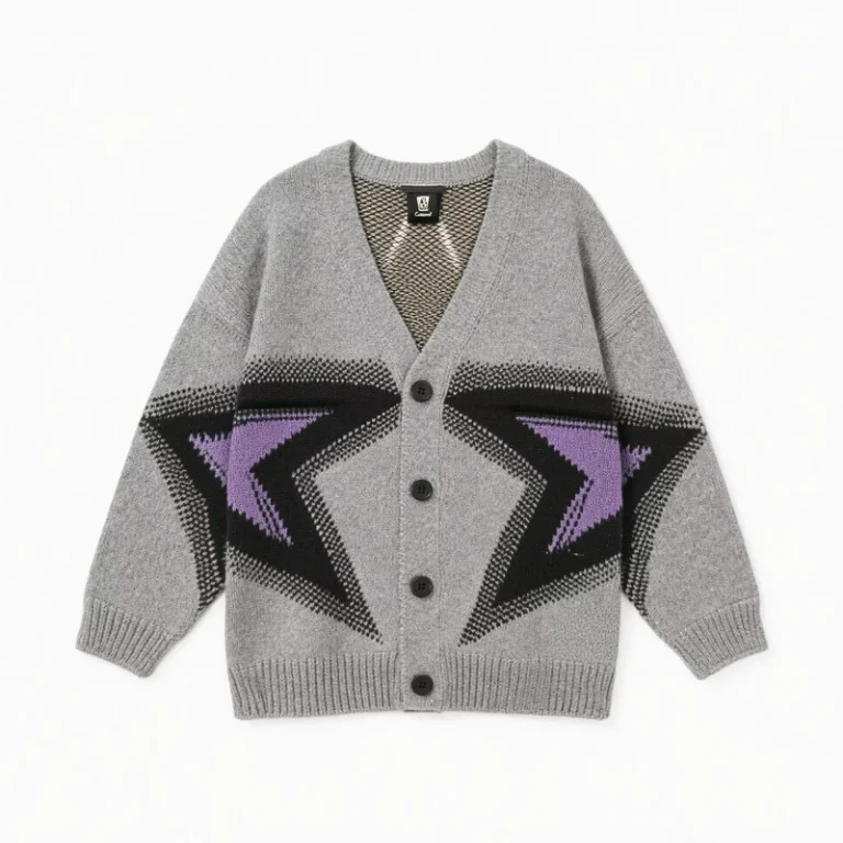 Mens-Gray-Star-Pattern-Knit-Cardigan-V-Neck-Button-Front-Oversized-Fit-Streetwear-Sweater