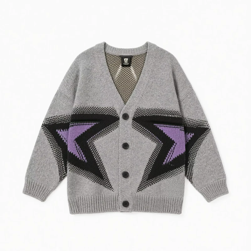 Men's Gray Star Pattern Knit Cardigan V-Neck Button Front Oversized Fit Streetwear Sweater