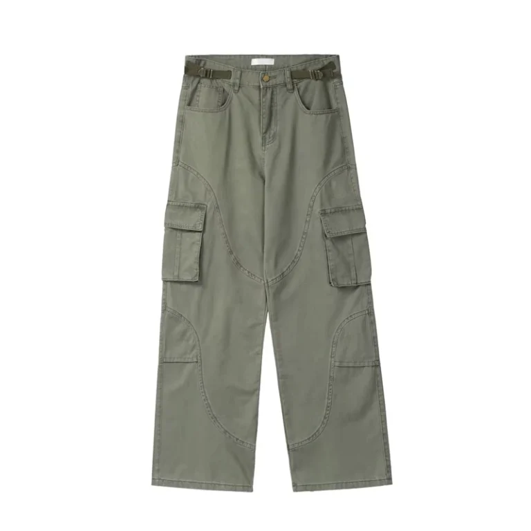 Mens-Green-Cargo-Pants-Multiple-Pockets-Straight-Loose-Fit