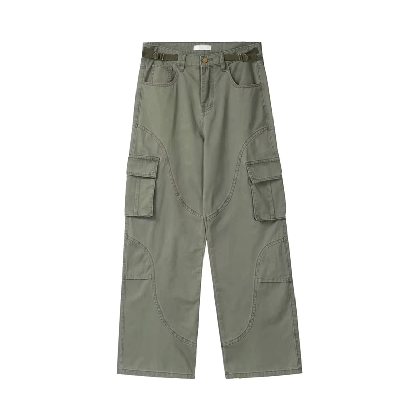 Men's Green Cargo Pants Multiple Pockets Straight Loose Fit