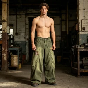 Men’s Green Workwear Cargo Jeans Baggy Wide Leg Heavyweight Cotton Vintage Wash with Knee Splicing