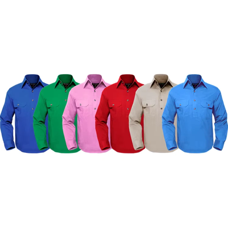 Mens-Half-Button-100-Cotton-Twill-Custom-Work-Shirts-Security-Uniform-Shirt