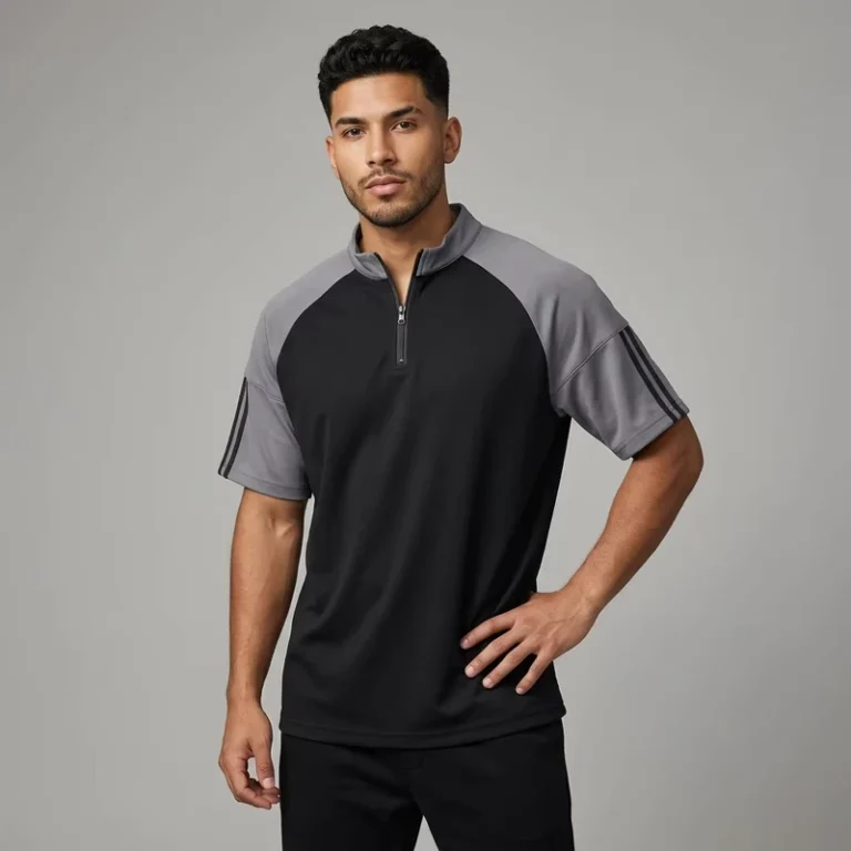 Mens-Half-Zip-Lightweight-Quick-Dry-Breathable-Striped-T-Shirt