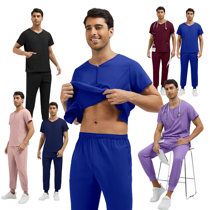 Men's Healthcare Scrub Set 4-Way Stretch Antimicrobial Multi-Pocket Jogger Uniform for Nursing Doctors Hospital Clinic