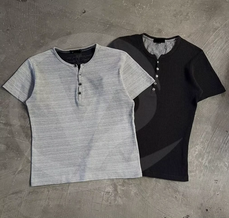 Men's Heavyweight Cotton Waffle Henley T-Shirt Drop Shoulder Double Layer Short Sleeve