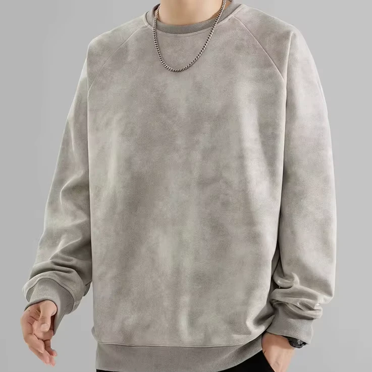 Men's Heavyweight Suede Autumn Sweater Customizable Long Sleeve Top Ruffled Bottom Knitted
