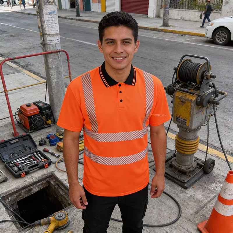 Men's Hi Vis Reflective Construction Polo Shirt with Custom Logo Heat Transferred Stripes for Safety Work