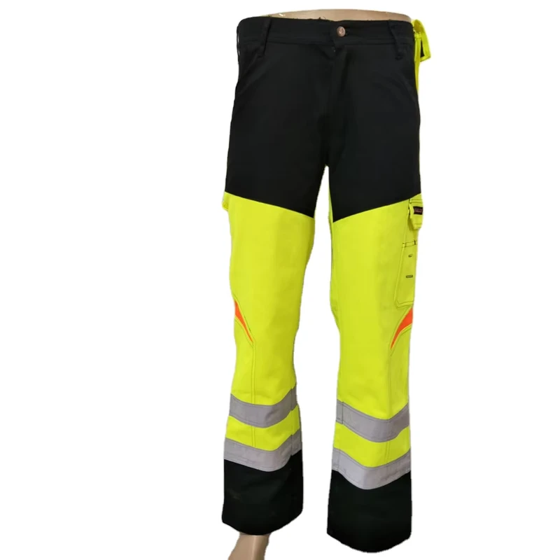 Men's Hi Vis Reflective Pants Quick Dry Breathable Yellow Black Industrial Worker Trousers LED Flash Logo Waist Dark Washed