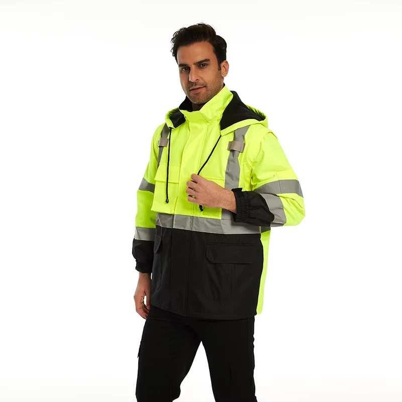 Men's Hi Vis Reflective Safety Jacket Waterproof Fleece Lined Winter Work Coat Multi Pockets Custom Logo