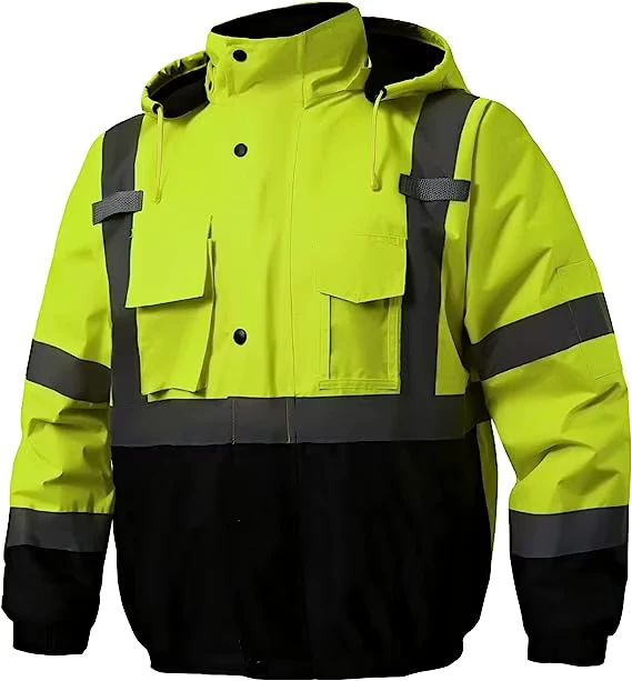 Men's Hi Vis Reflective Safety Jacket Waterproof Winter Warm Work Coat 7 Pockets Removable Hood Custom Logo