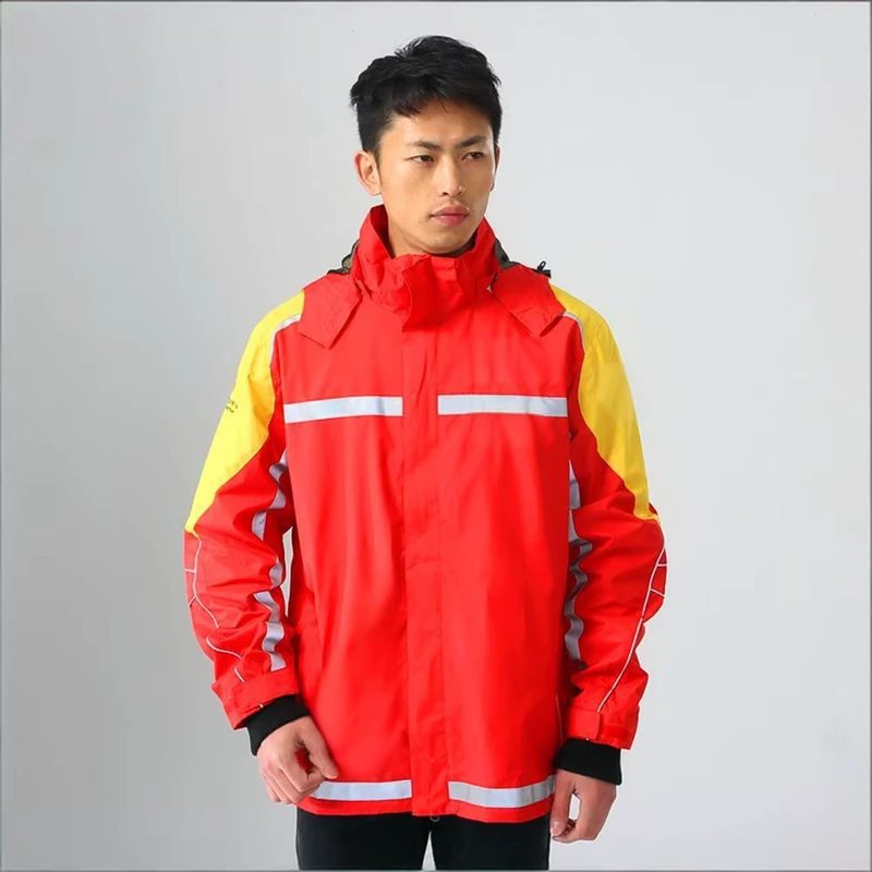 Men's Hi Vis Reflective Waterproof Windproof Hooded Work Jacket Contrast Color Safety Coat for Rescue Sanitation Outdoor Duty