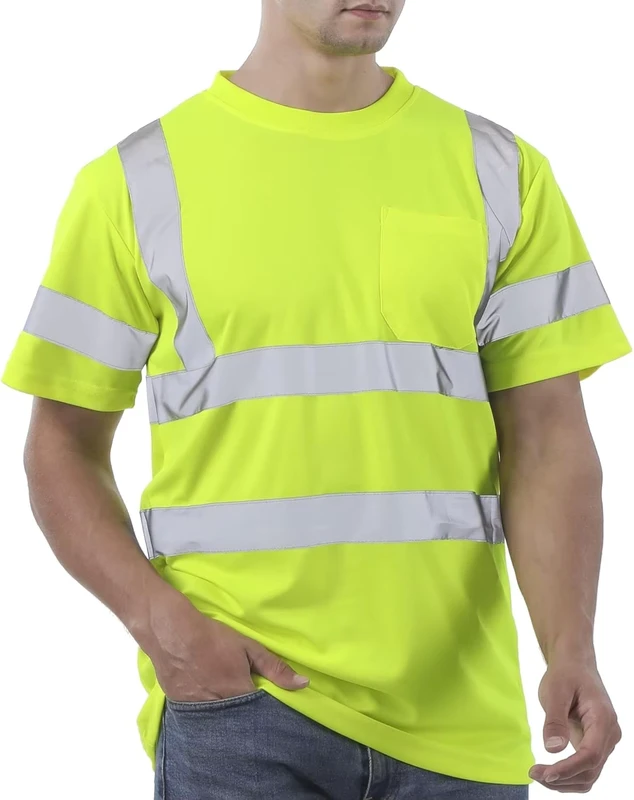 Men's Hi Vis T Shirt Class 3 High Visibility Breathable Construction Work Mesh Short Sleeve Reflective Strips Pocket Yellow XL