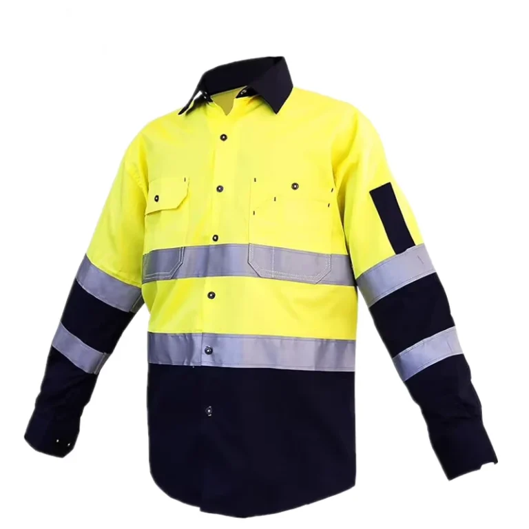 Mens-Hi-Vis-Two-Tone-Cotton-Drill-Breathable-Casual-Formal-Long-Sleeve-Shirt-with-Reflective-Tape-Covered-Button-Stand-Collar