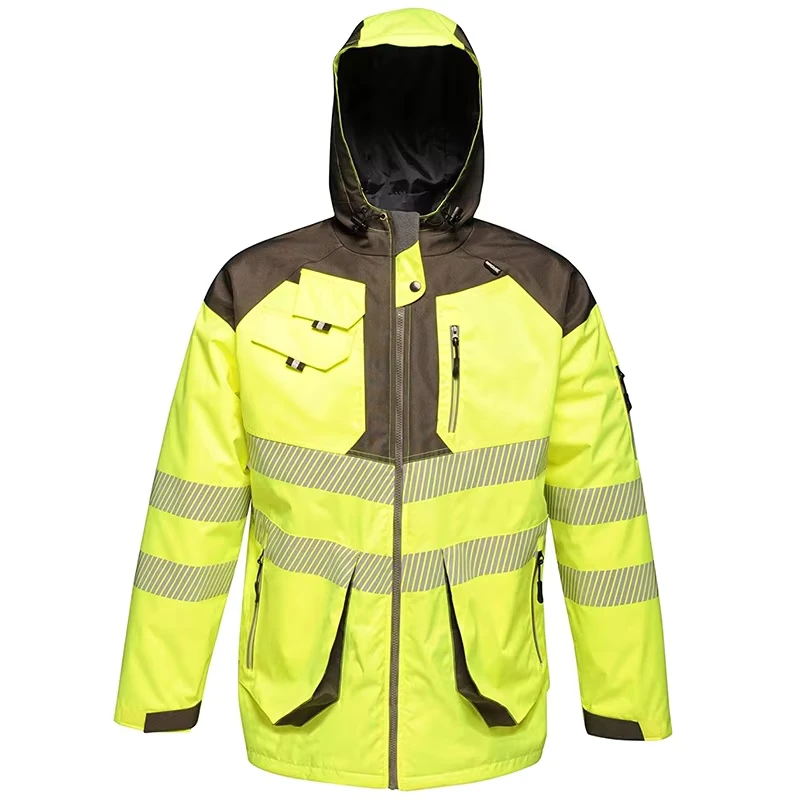 Men's Hi Vis Waterproof Reflective Parka Jacket Yellow Grey
