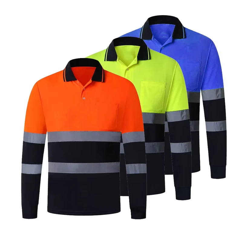 Mens High Vis Work Shirt Construction Polyester Dry Fit Long Sleeve Safety Shirt Reflective Polos Custom logo