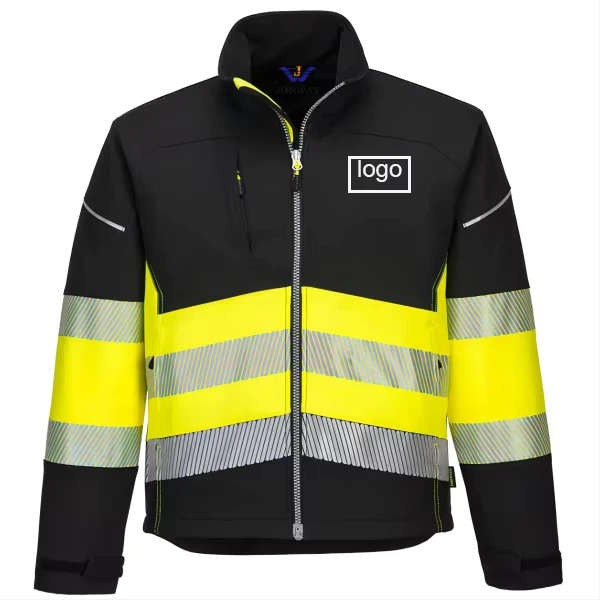 Men's High Visibility ANSI Class 2 Waterproof Windproof Breathable Soft Reflective Safety Jacket Plastic Zipper Black