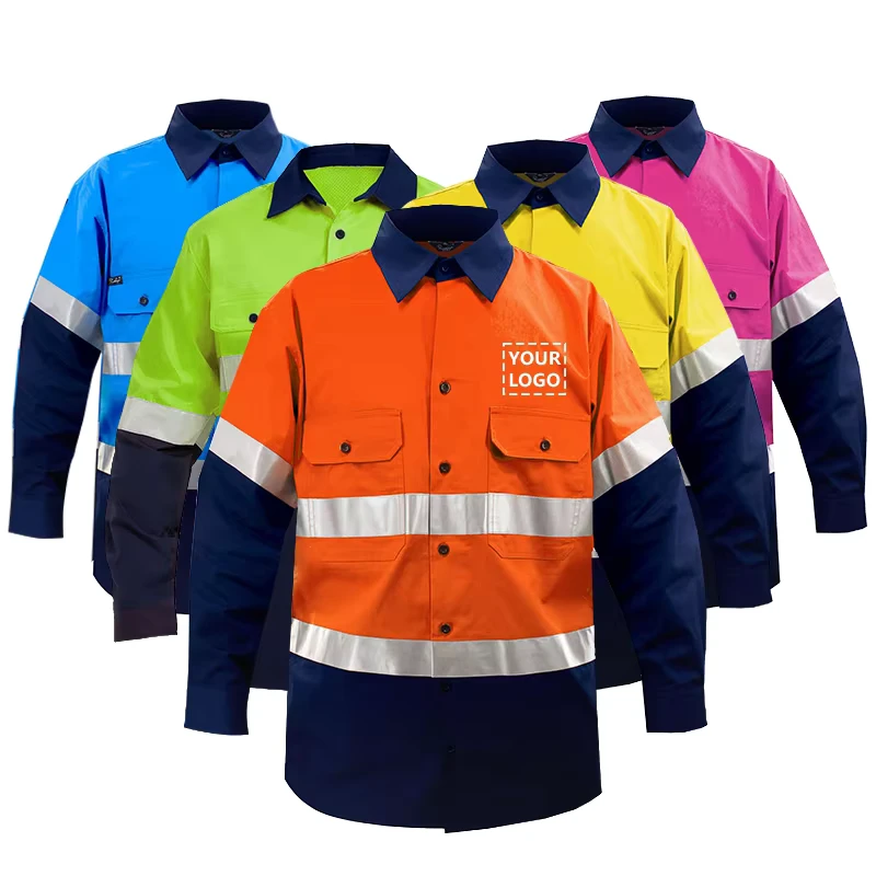 Men's High Visibility Breathable Custom Logo Reflective Cotton Work Shirts for Mining Construction