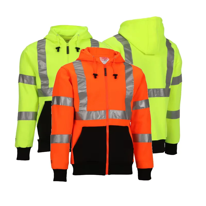 Men's High Visibility Reflective Breathable Warm Safety Hoodie Sweatshirt Jacket 100% Polyester Fleece Customized Logo ANSI