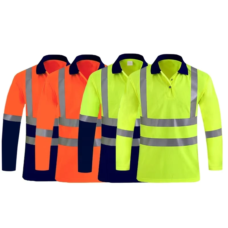 Men's High Visibility Reflective Safety Work Shirt ANSI Class 3 Customized Logo Long Sleeves Polo Style Workwear