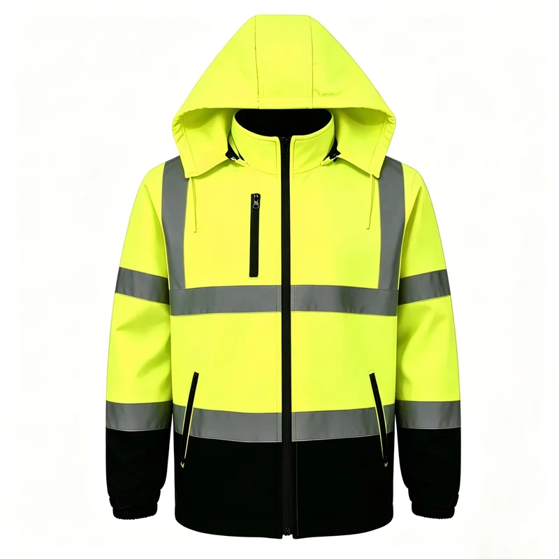 Mens High Visibility Safety Softshell Jacket Waterproof Windproof Reflective Strip Workwear Winter Quilted Thermal Coat Pockets