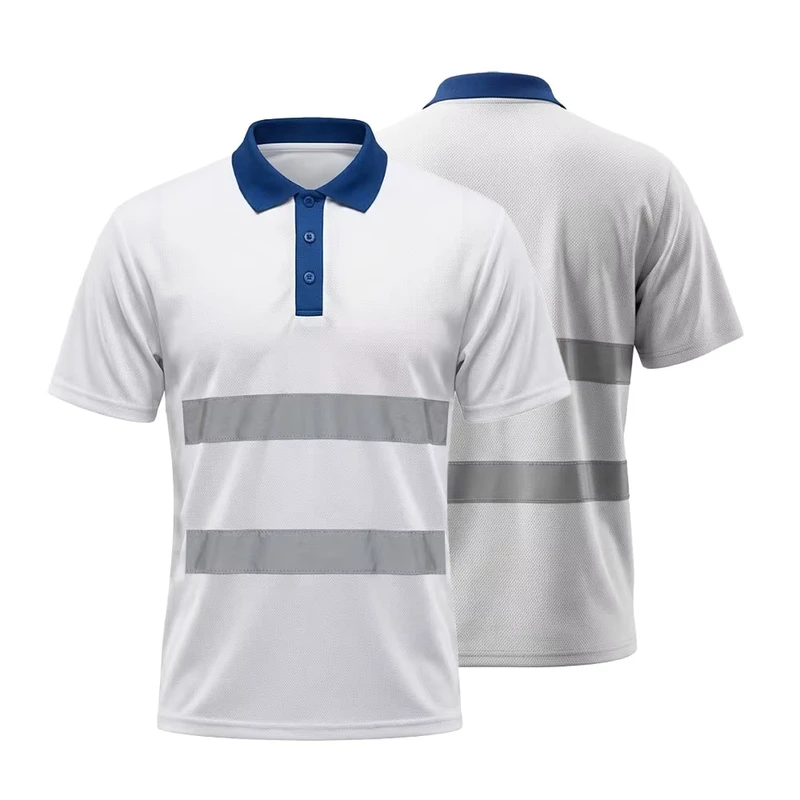 Men's High Visibility Work Wear Short Safety Shirts 100 Polyester Breathable White Hi Vis Polo Work T-shirt for Men Construction
