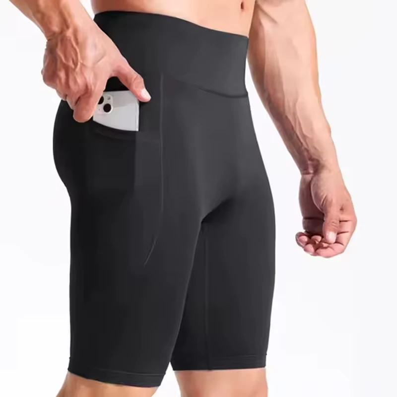 Men's High Waist Elastic Running Tights Cycling Fitness Yoga Quick Drying External Wear Marathon Running Shorts Pants Pockets