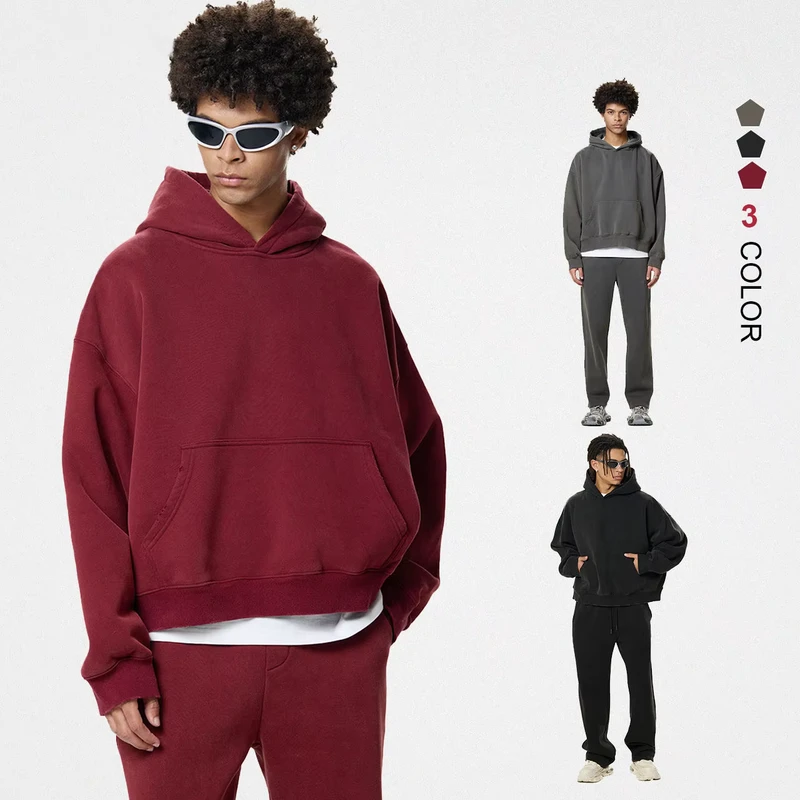Men's Hoodies 350gsm Oversized Cotton Heavy Weight Hoodie Streetwear Vintage Acid Washed Hoodies for Man