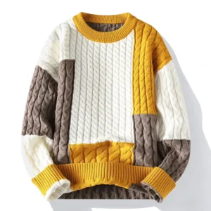 Men’s Jacquard Knit Sweater Loose-Fit Retro Geometric Pattern Polyester Pullover